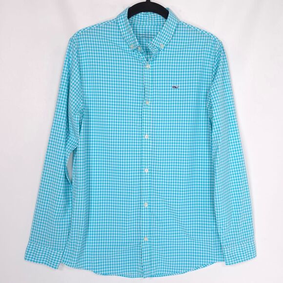 Vineyard Vines Performance Women’s L (16) Shirt Gingham Check Turquoise Aqua - Picture 8 of 9